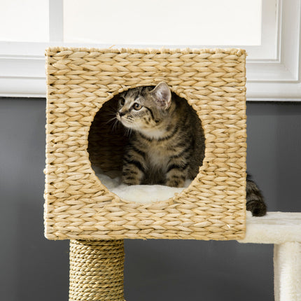 Cattail Weave Cat Tree for Indoor Cats Kitty Tower with Rattan Cat